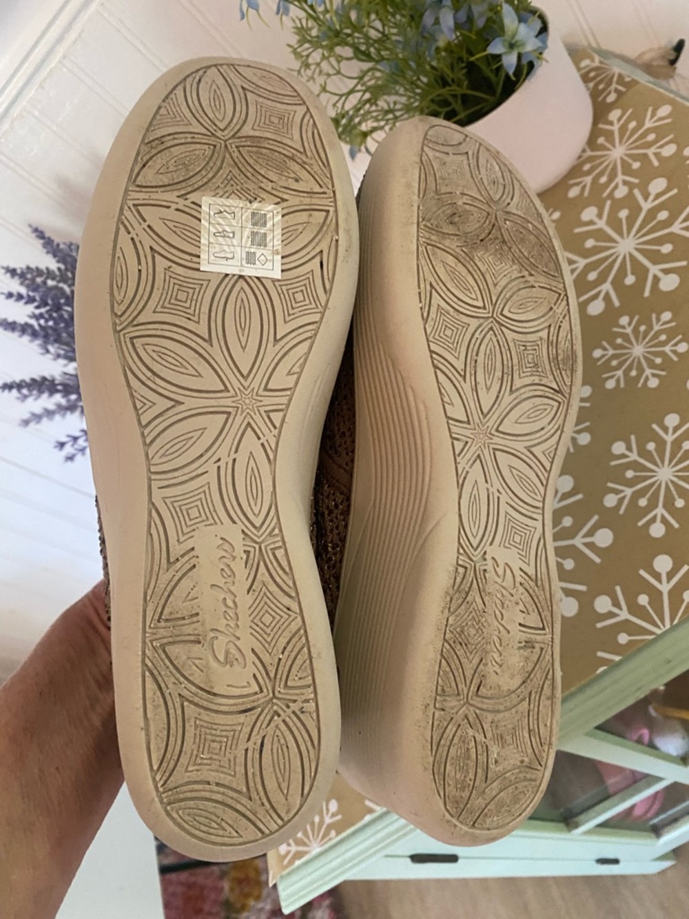 Skechers Slip-On Wedge Sneakers in Taupe Glitter Knit - Picture 6 of 6